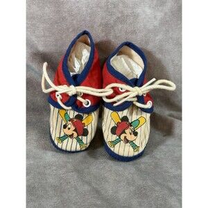 Vtg Disney Baby Shoes Slippers Moccasins Mickey Mouse Baseball 0-6 Month 1980s